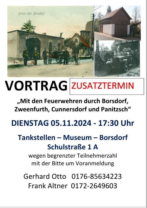 Vortrag "Mit den Feuerwehren durch Borsdorf, Zweenfurth, Cunnersdorf und Panitzsch" @ Tankstellenmuseum